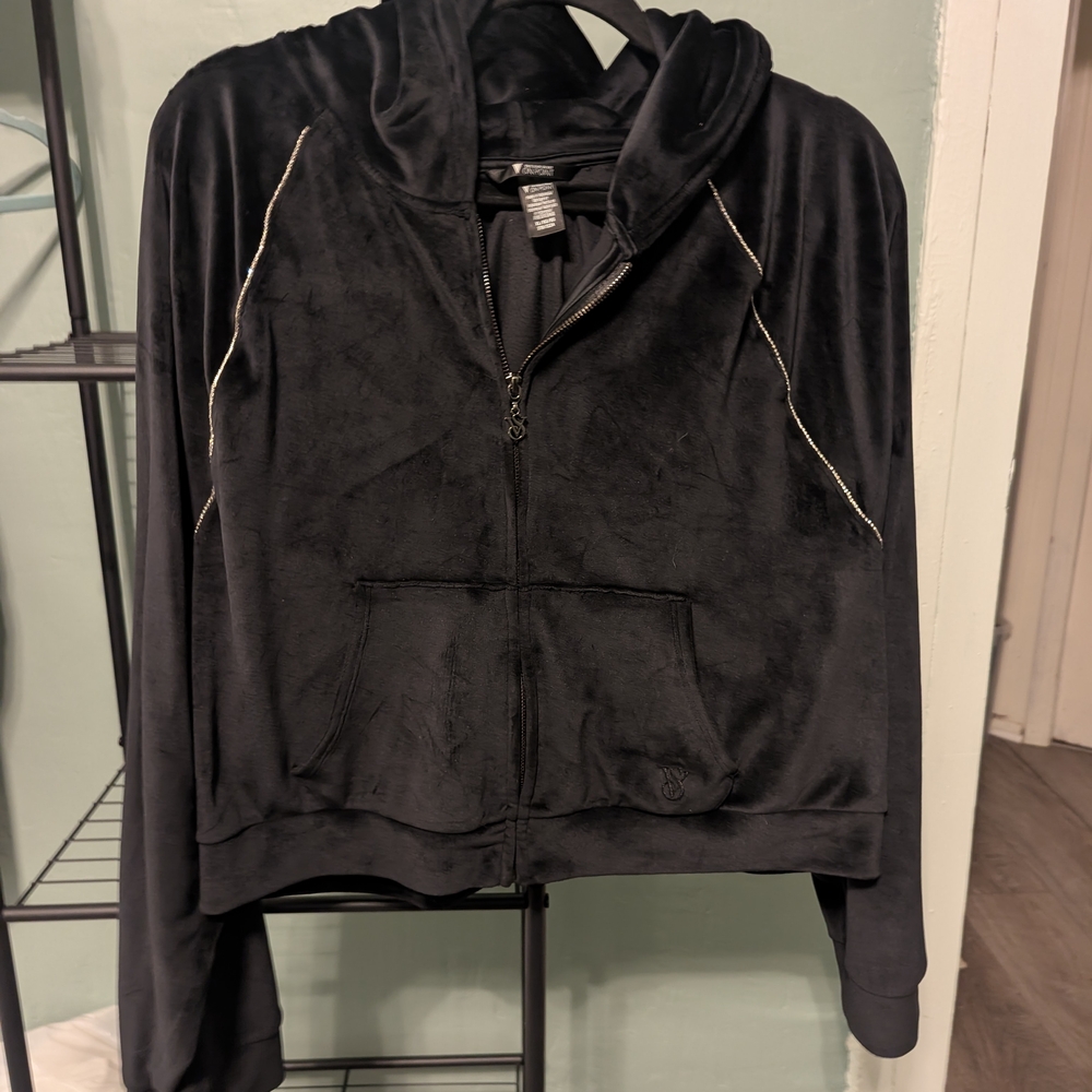 Victoria's Secret Women's Black Velour Zip-Front Hoodie & Sweatpants